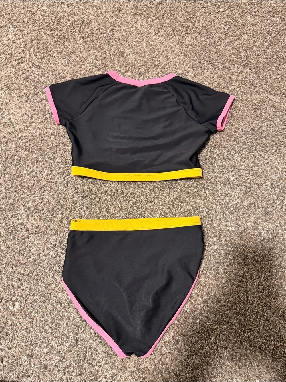 Girls' 2 piece cropped top Black Swim Set with Pink and Yellow Trim